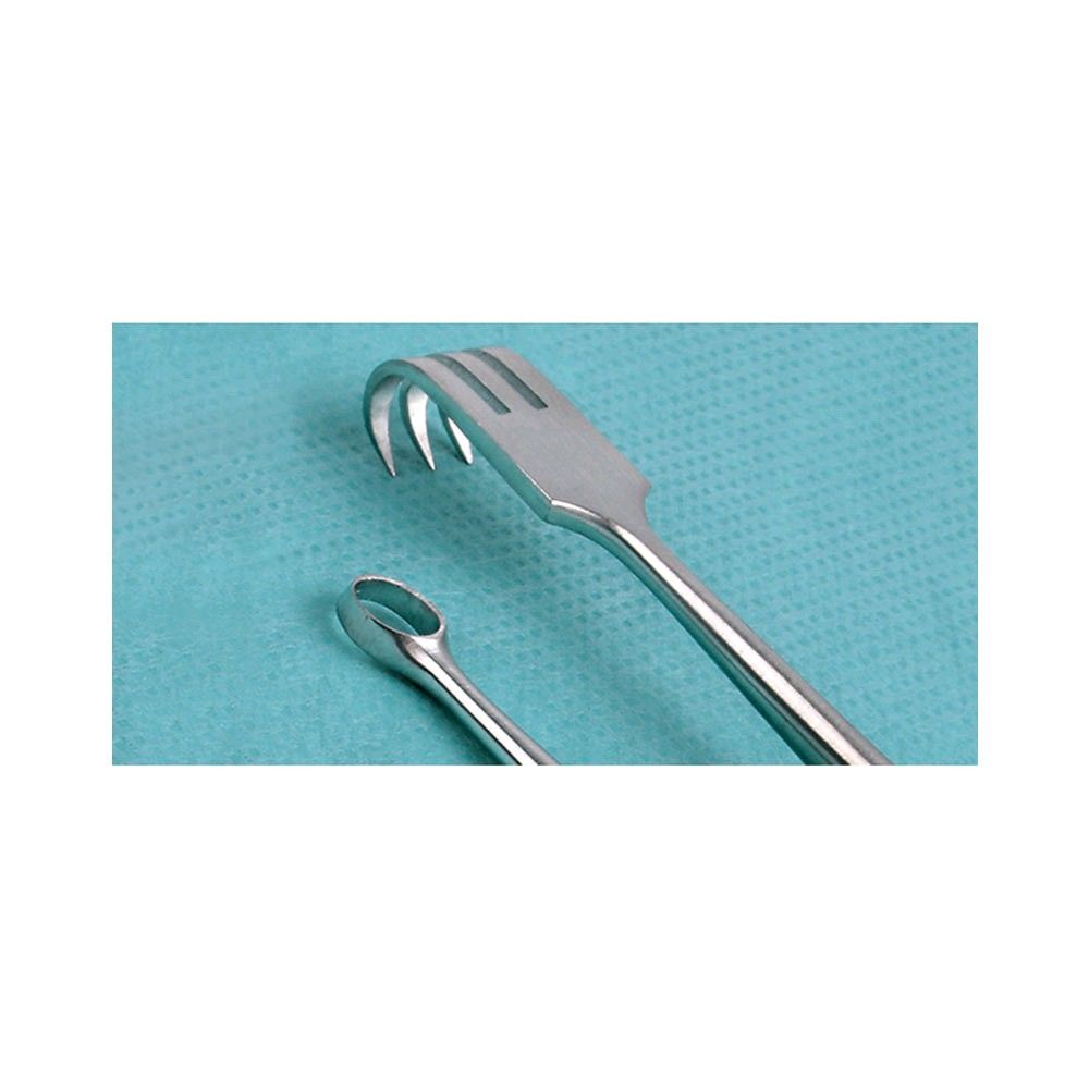 Zwei Wundhaken mit breitem Griff und gebogenem Haken, Metall