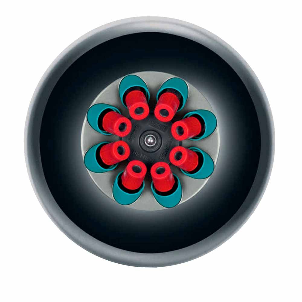 Zentrifugenrotor mit Probenröhrchen: rote Kappen in teal Haltern
