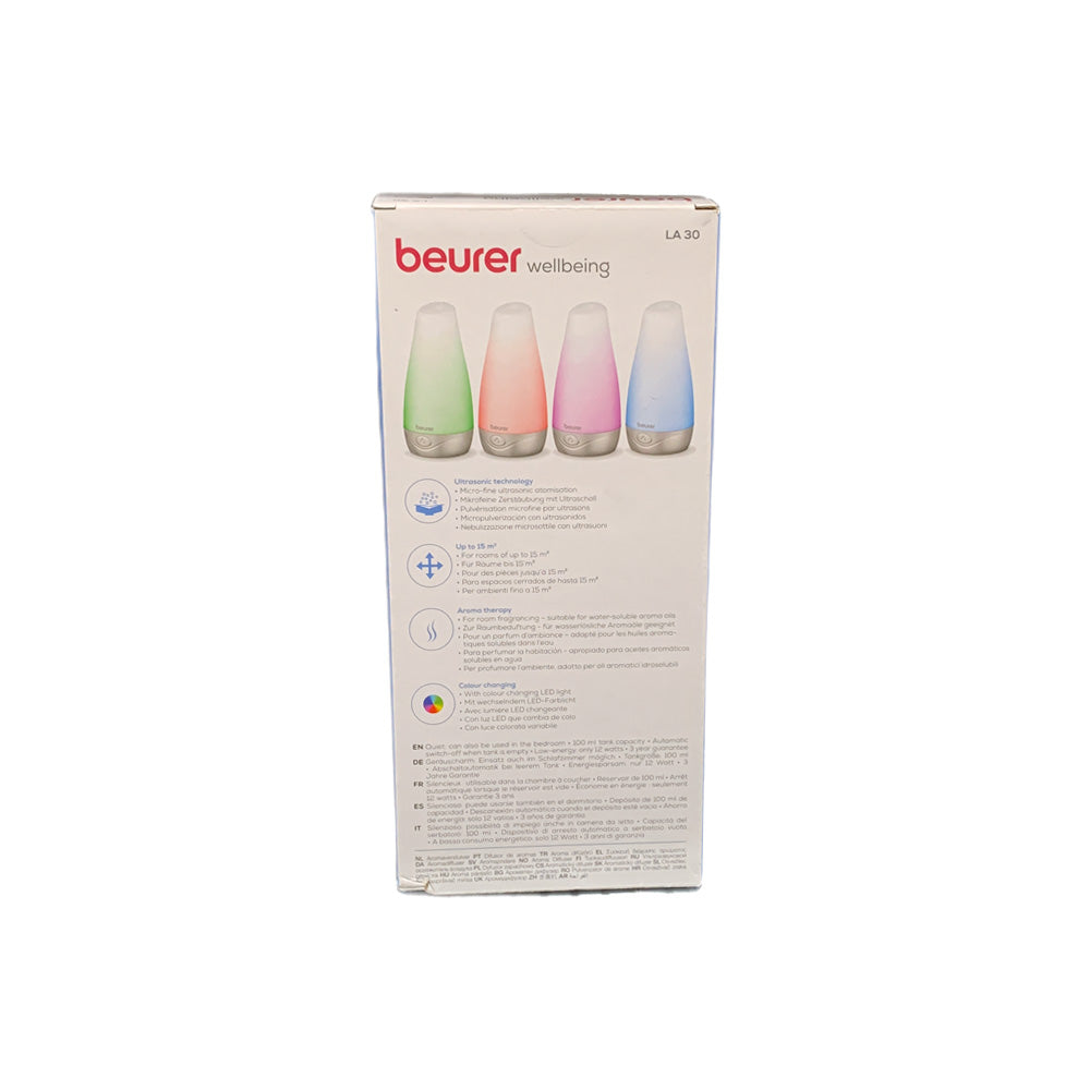 Verpackungsrückseite des Aroma-Diffusers beurer LA 30 mit Produktinformationen