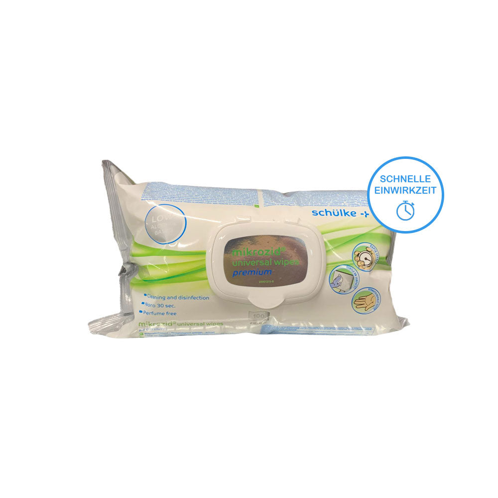 Schülke mikrozid® Universal-Desinfektionstücher, Packung mit Hinweis „Schnelle Einwirkzeit“