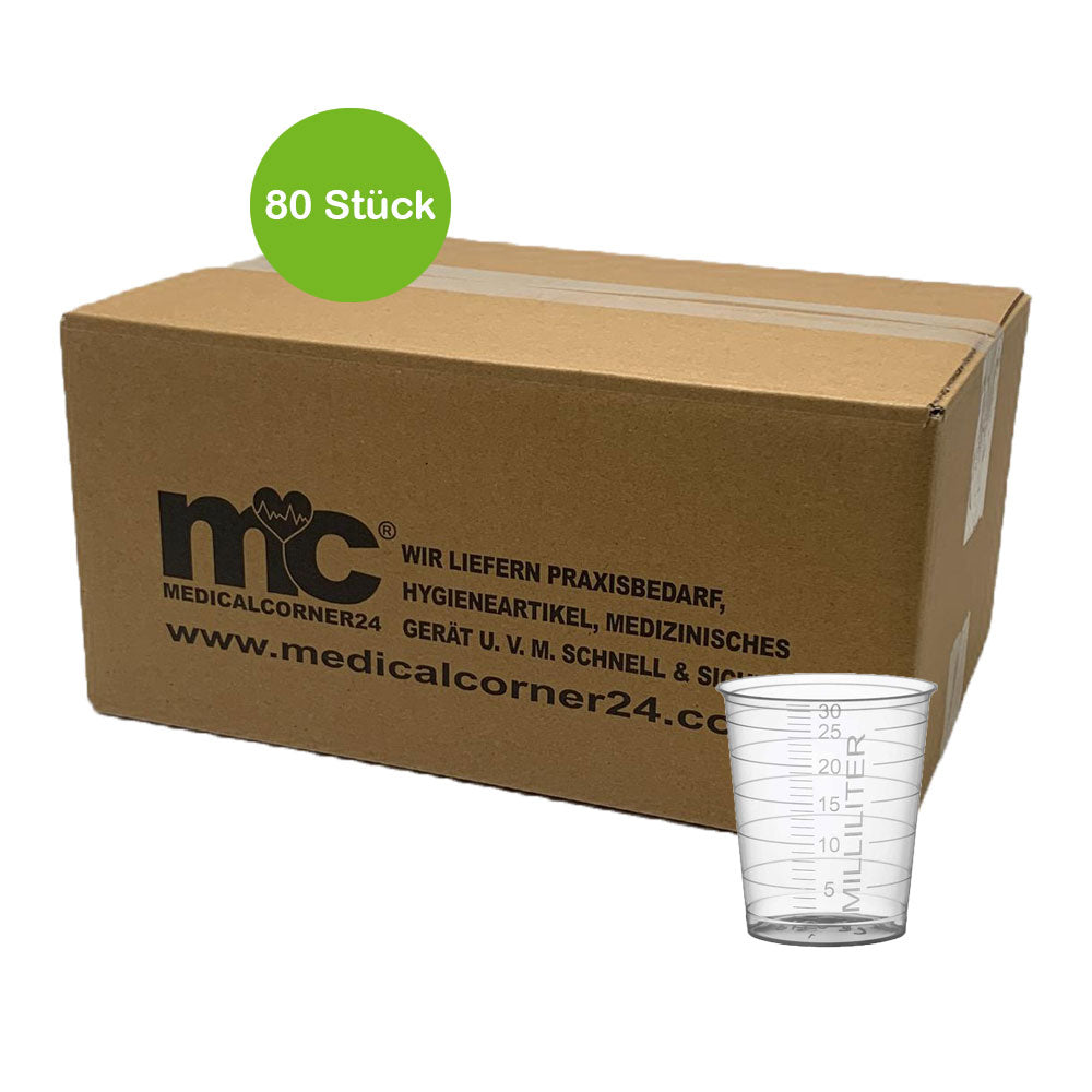 Einmal-Medizinbecher im Karton, 80 Stück, mit 30-ml-Skala