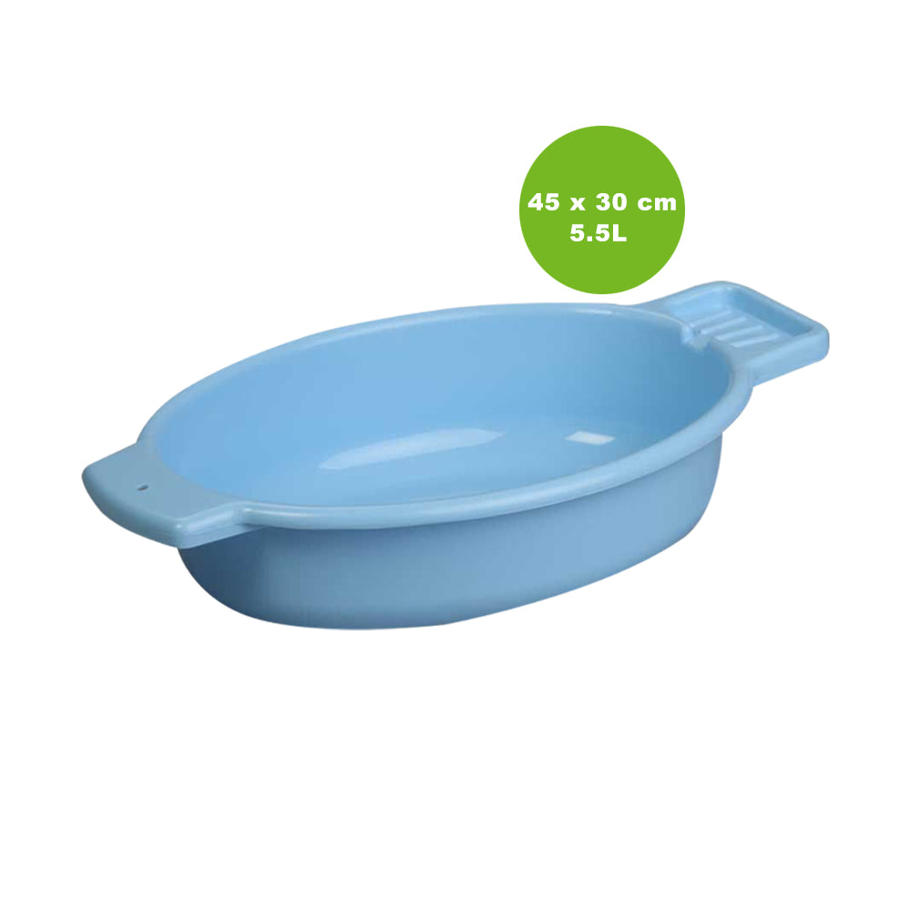 Ovale Waschschale mit Seifenablage, hellblau, seitliche Ansicht.