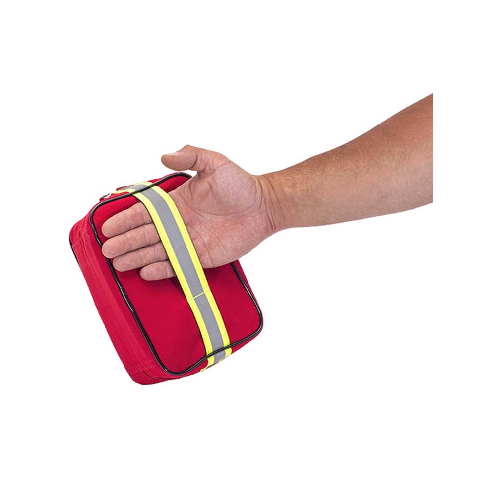 Rotes Ampullenetui in der Hand, mit Reißverschluss und Reflexstreifen