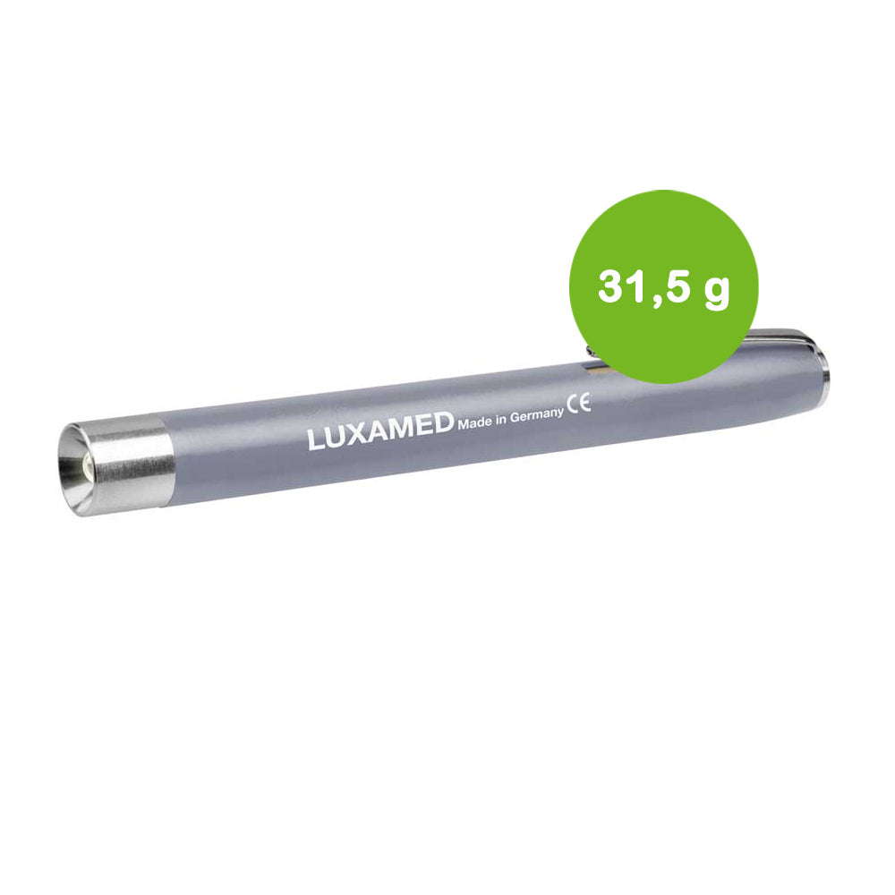 LED-Diagnostikleuchte aus ABS, grau, zylindrisch mit LUXAMED-Aufdruck.