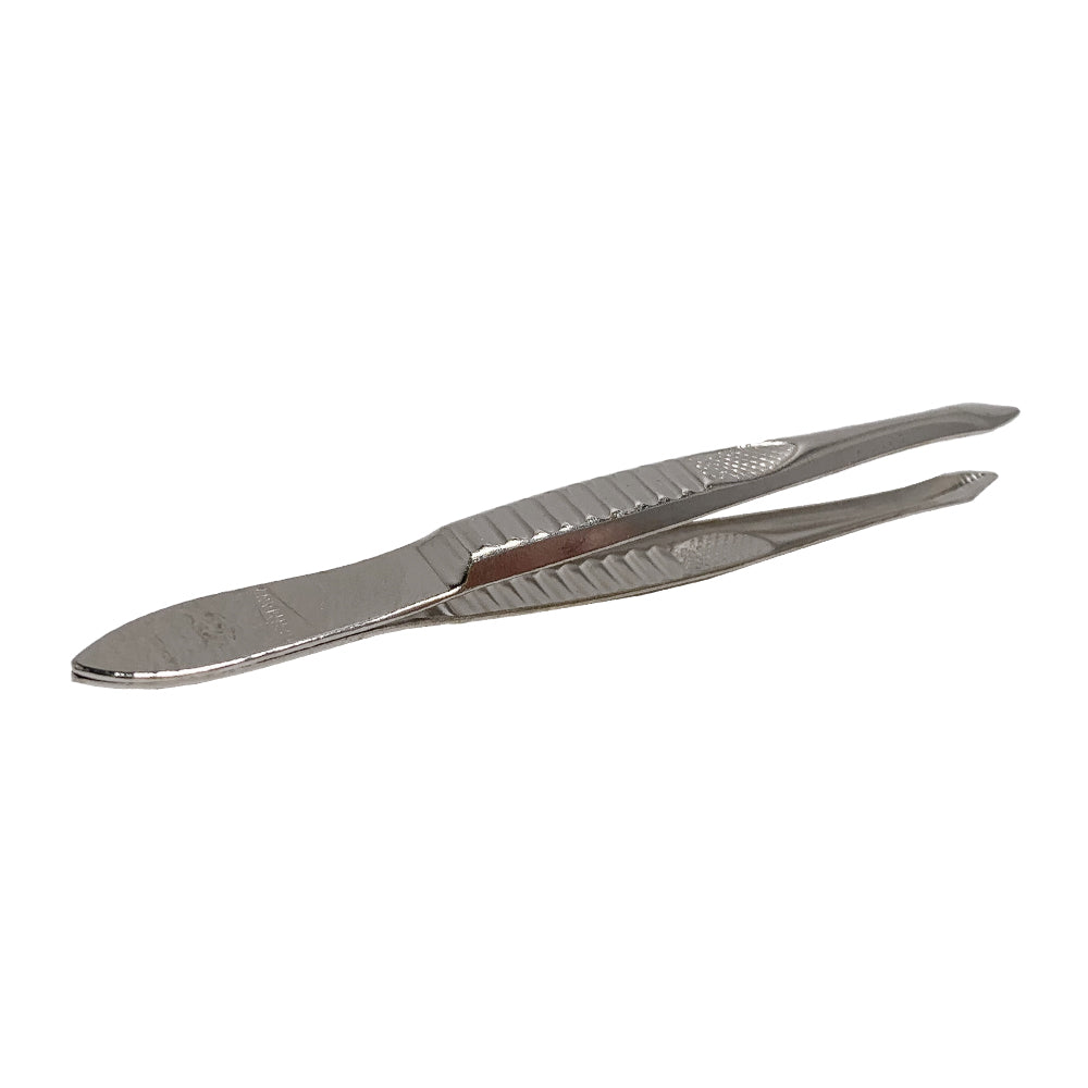 Vernickelte Pinzette mit geriffelter Mitte und schrägem Ende, 8 cm