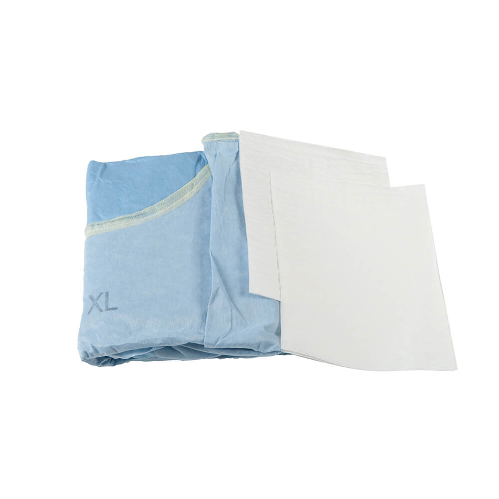 Steriler OP-Mantel, gefaltet: hellblau mit grünlicher Einfassung, XL-Aufdruck; weiße Verpackung