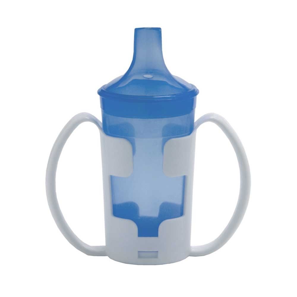 Trinkbecher mit zwei Griffen aus Kunststoff, blau-weiß