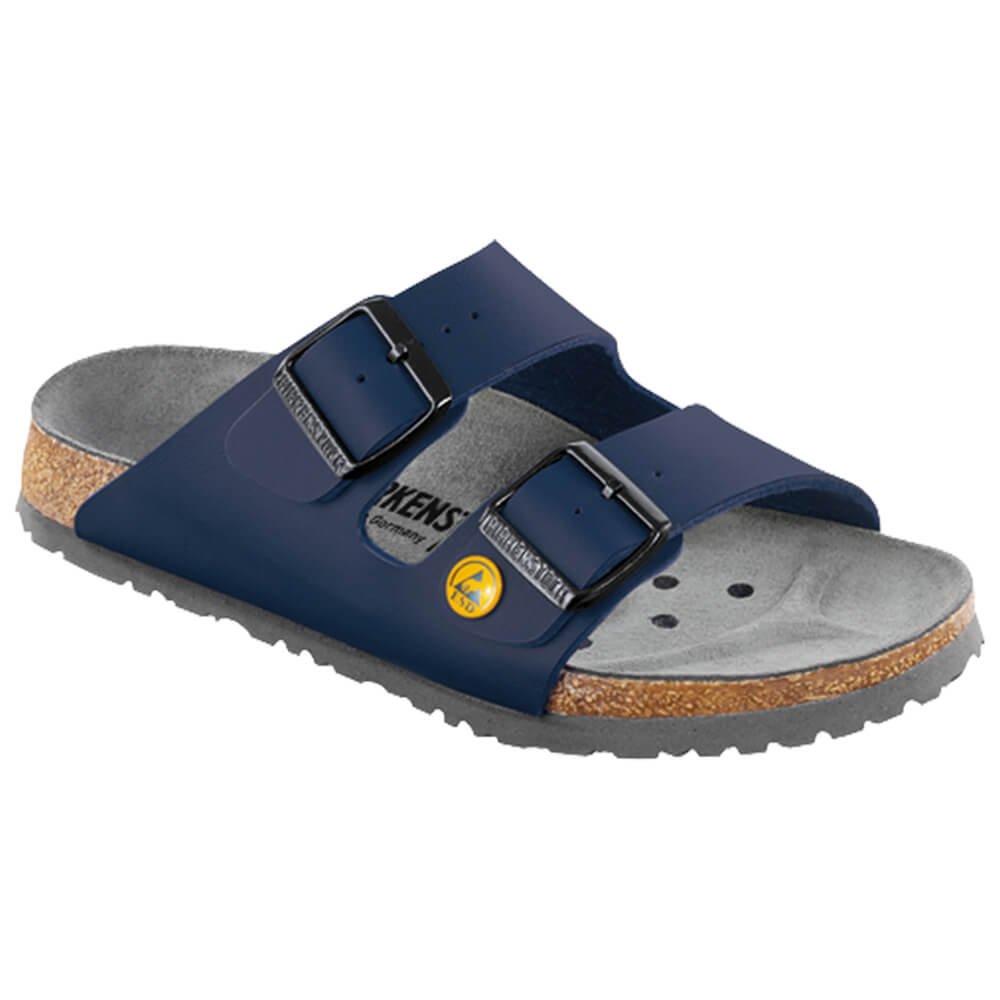 Blauer Birkenstock Arizona ESD-Sandale mit zwei verstellbaren Schnallen, grauem Fußbett