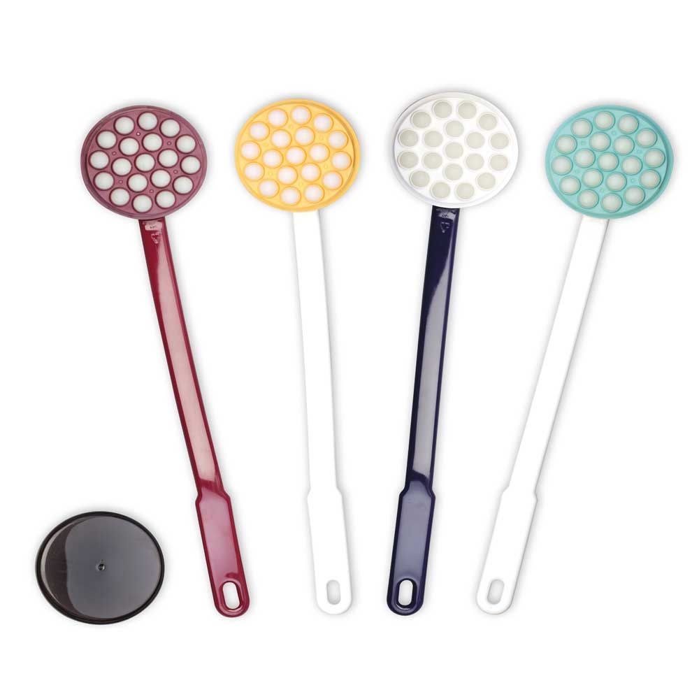 Eincremhilfe mit abnehmbarem Stiel, Köpfe in Bordeaux, Gelb, Weiß, Türkis und Kappe