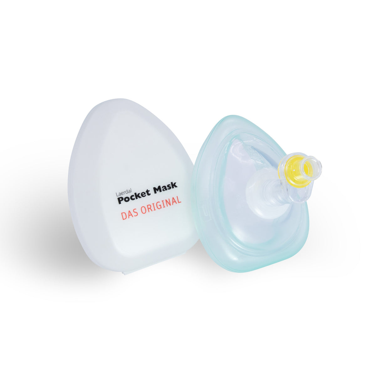 Taschenmaske mit durchsichtigem Ventilansatz und Text „POCKET MASK DAS ORIGINAL“