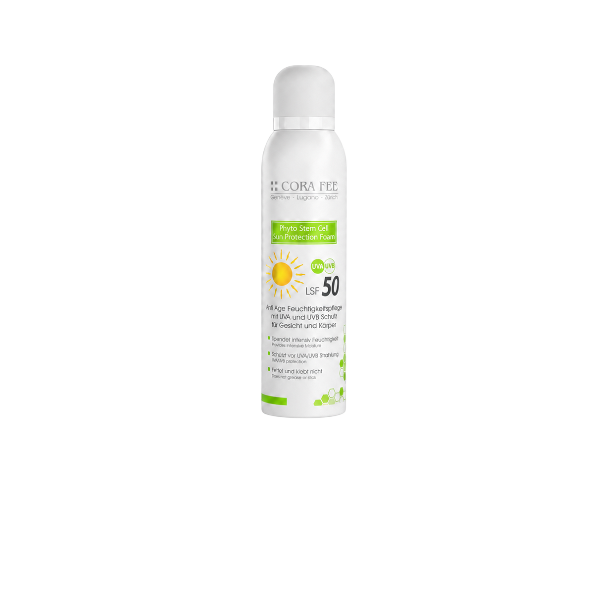 Sonnenschutzschaum im Flakon, weißer Behälter mit Aufdruck, LSF 50, 150 ml