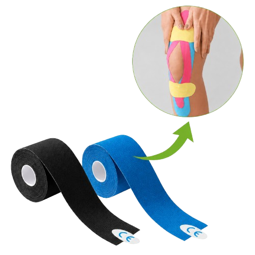 Kinesiologie-Tape-Set: schwarze und blaue Bandstreifen, am Bein appliziert