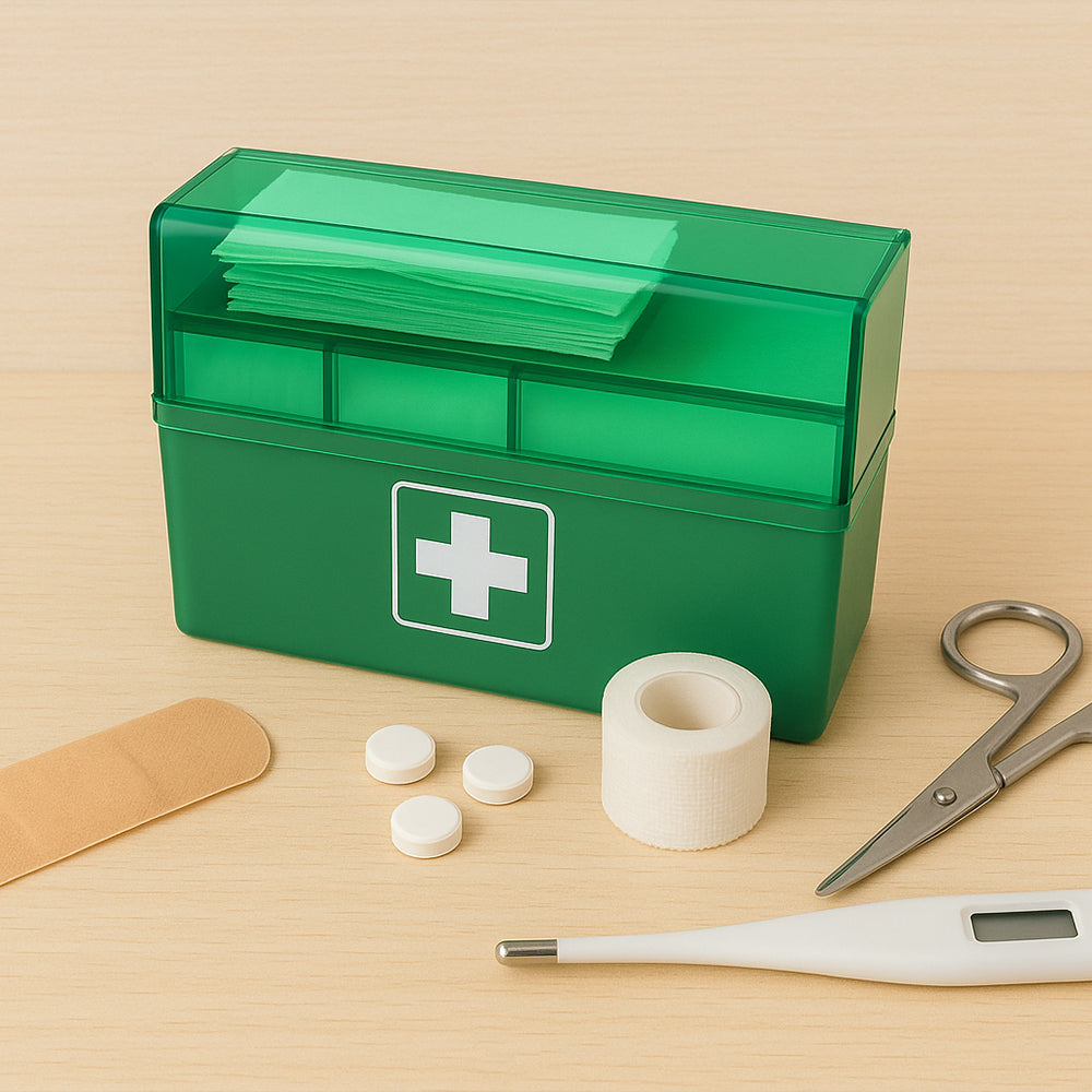 Pflasterspender mit Plus-Emblem neben Verbandrolle und Pflastermaterial auf Holzunterlage