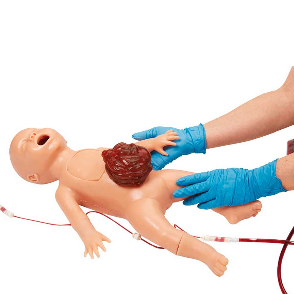 Trainingspuppe Neugeborenes mit Schlauchleitungen und Pflegehandschuhen