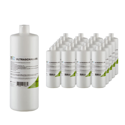 Ultraschallgel-Kontaktgel Set: große Flasche links, mehrere kleine Flaschen rechts