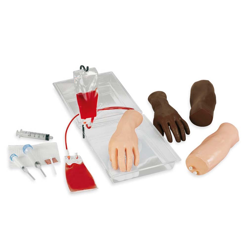 Injektionstrainer mit transparenter Halterung, Handarm, braunem Handteil und Zubehör
