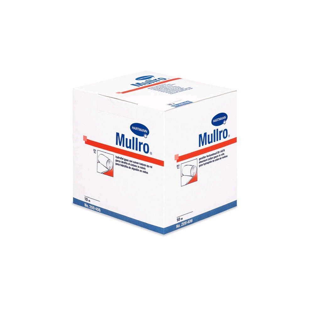 Hartmann Mullro Verbandmull-Packung, gerollter Verbandmull 8-fach, weiß mit blauen Aufklebern
