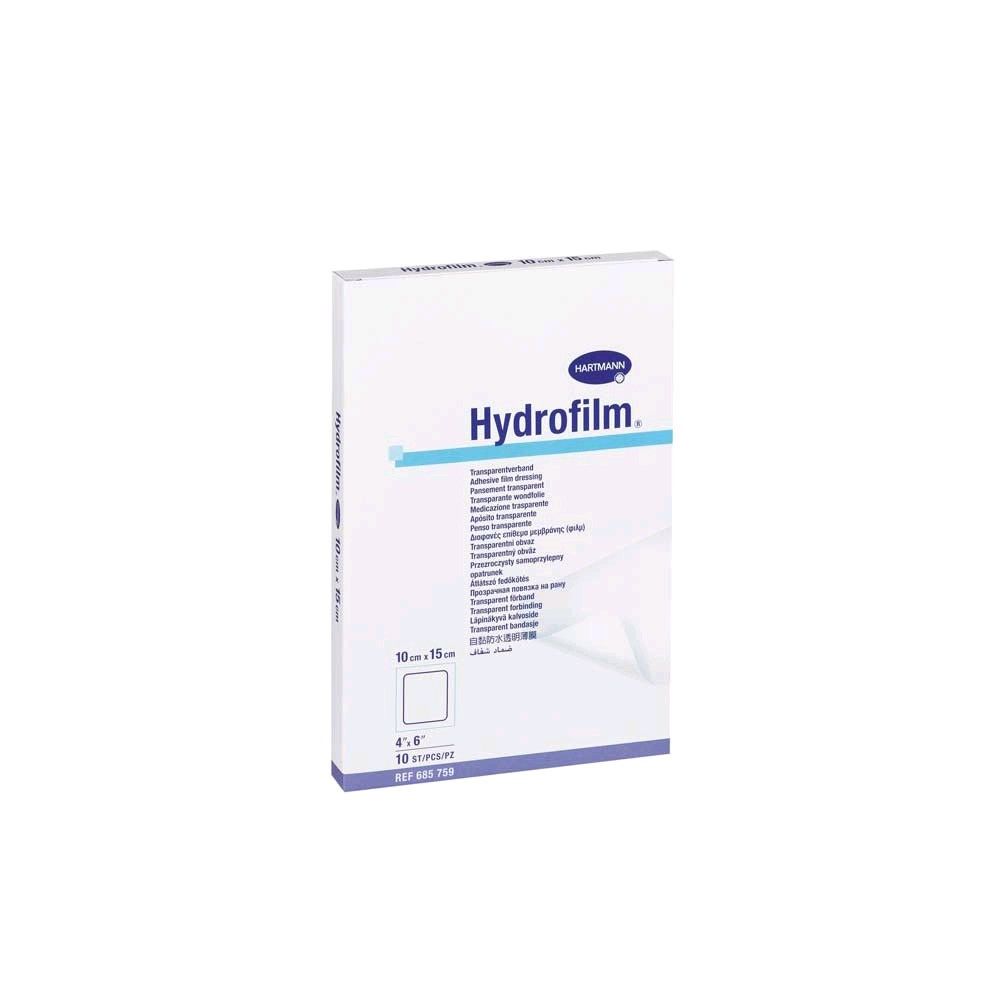 Hydrofilm Transparentverband: weiße Kartonpackung mit blauem Schriftzug und Streifen