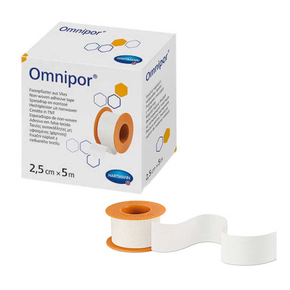 Hartmann Omnipor Fixierpflaster aus Vlies mit Verpackung, orange Rolle und weißem Streifen