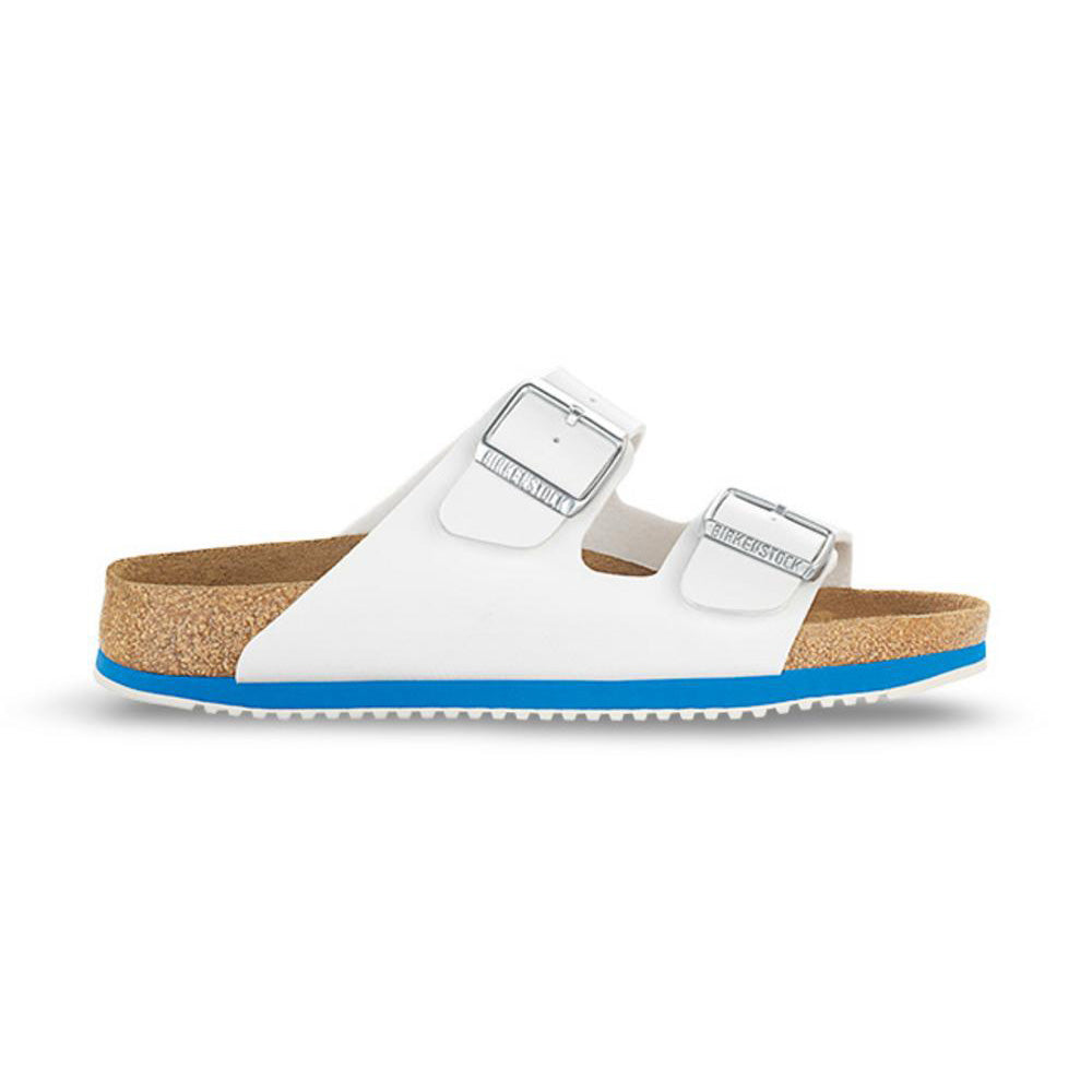 Birkenstock Arizona SL Clogsandale mit zwei verstellbaren Schnallen, weiß mit blauer Sohle
