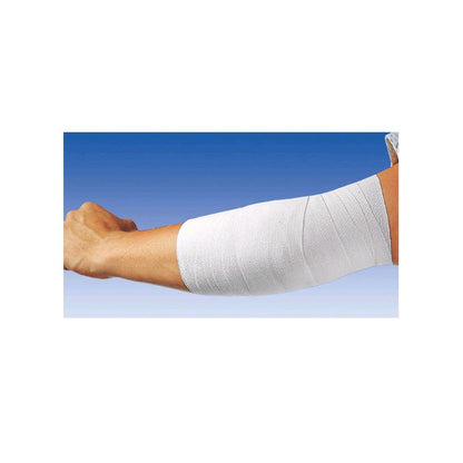 Elastische Universalbinde am Unterarm, weiße Binde, dauerelastisch