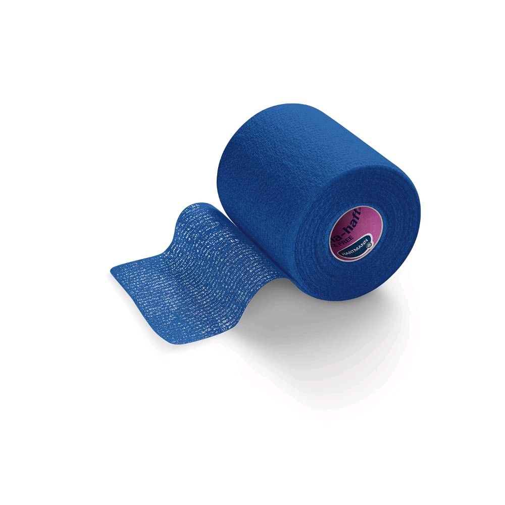 Elastische Fixierbinde-Rolle, blau, mit abgerolltem Bandabschnitt