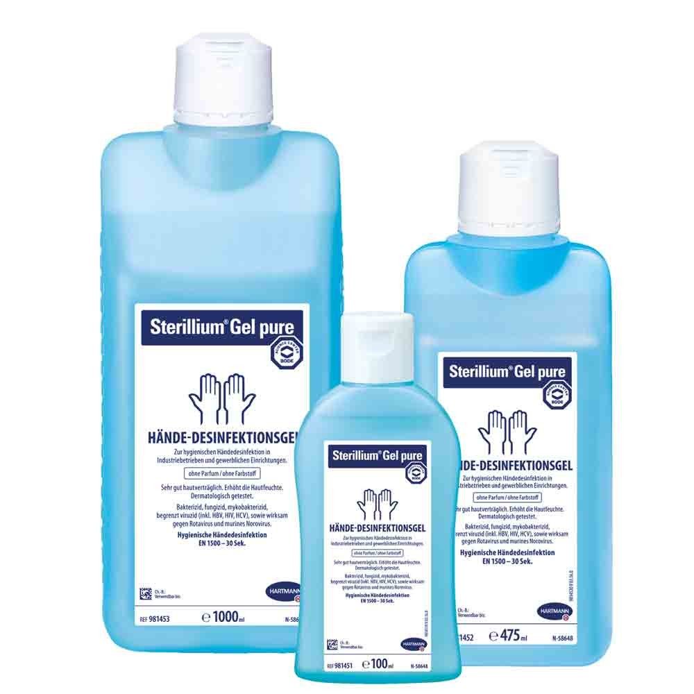 Sterillium® Gel pure Händedesinfektionsgel: mehrere blaue Flaschen, parfümfrei, Schraubdeckel