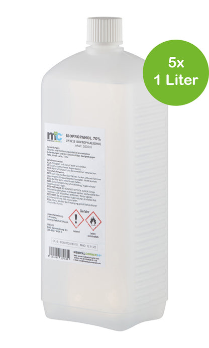 Isopropanol 70% Flasche, 1-Liter (5er-Pack) mit Sicherheitskennzeichnung, weißer Plastikbehälter