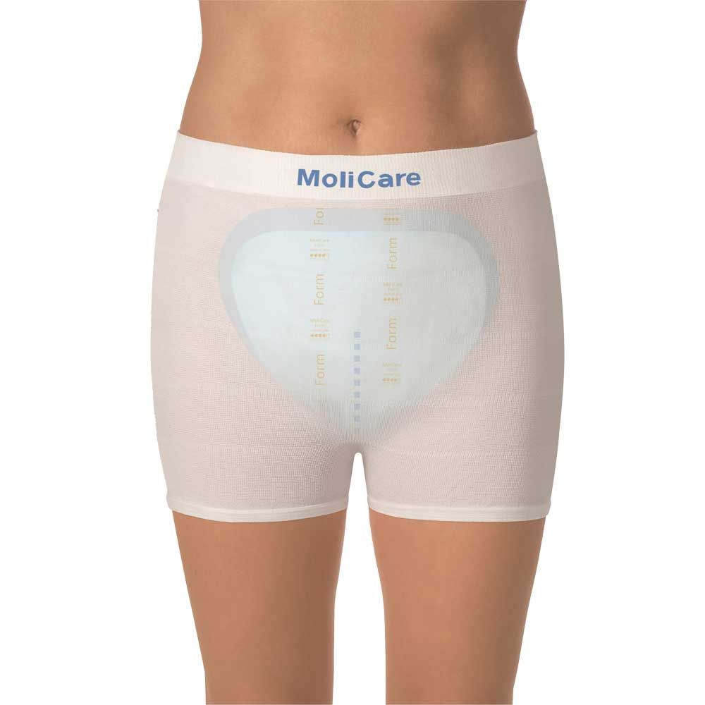 Inkontinenz-Slip MoliCare Form, helles Gewebe, gelbes Markenband am Bund
