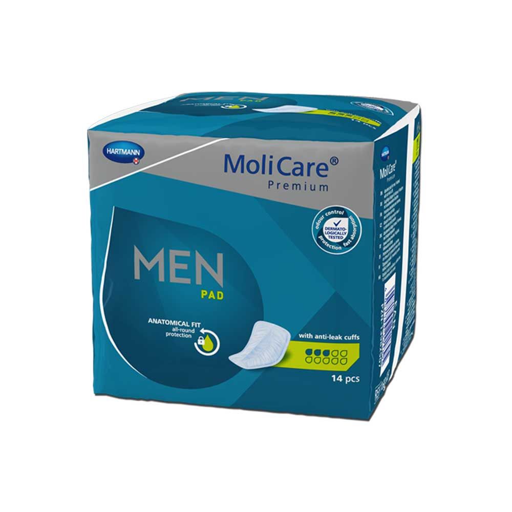 MoliCare Premium Men Pad Inkontinenzeinlagen, 14 Stück, Karton schräg mit Haftband-Symbol