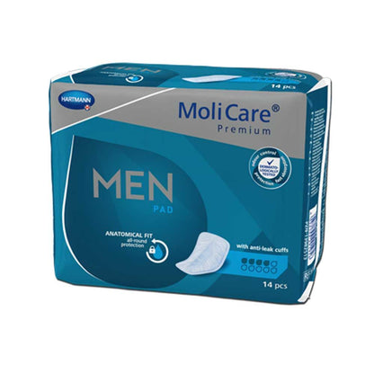 MoliCare Premium Men Pad Inkontinenzeinlagen, 14 Stück, Karton schräg mit Men Pad Grafik