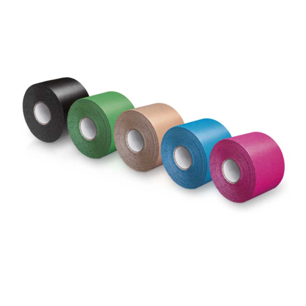 Kinesiologie-Tape-Rollen in verschiedenen Farben: schwarz, grün, beige, blau, pink