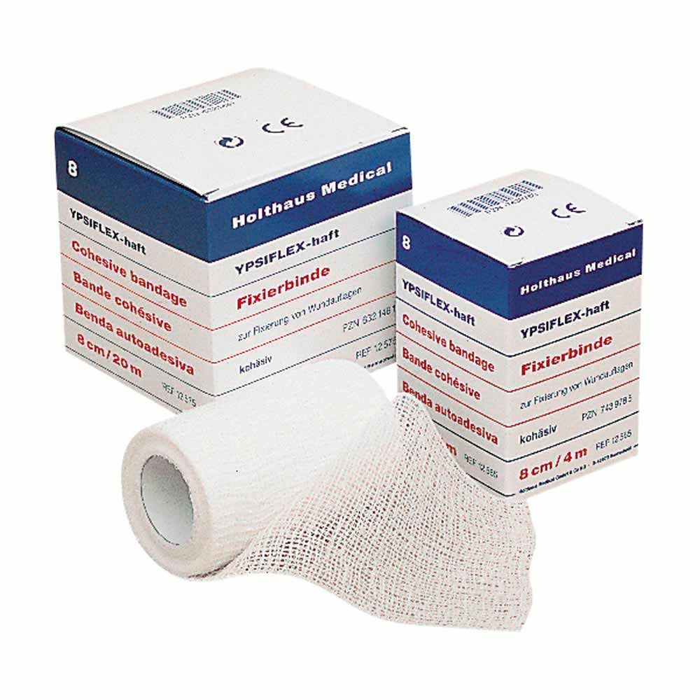 Haft-Mullbinde YPSIFLEX® haftend, elastisch: hellgraue Binde auf Rolle und Karton