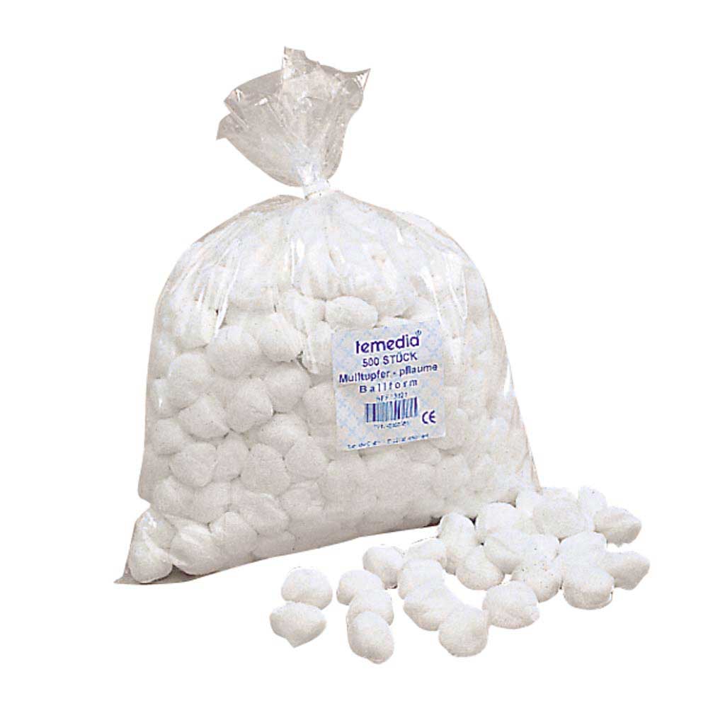 Unsterile Schlinggazetupfer, ballförmig, weiß; geschlossene Verpackung mit Etikett und Tupfern