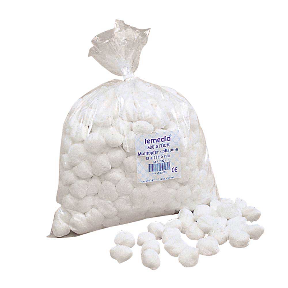 Sterile Schlinggazetupfer, weiße Gazebällchen in Beutel mit Etikett und Aufdruck.