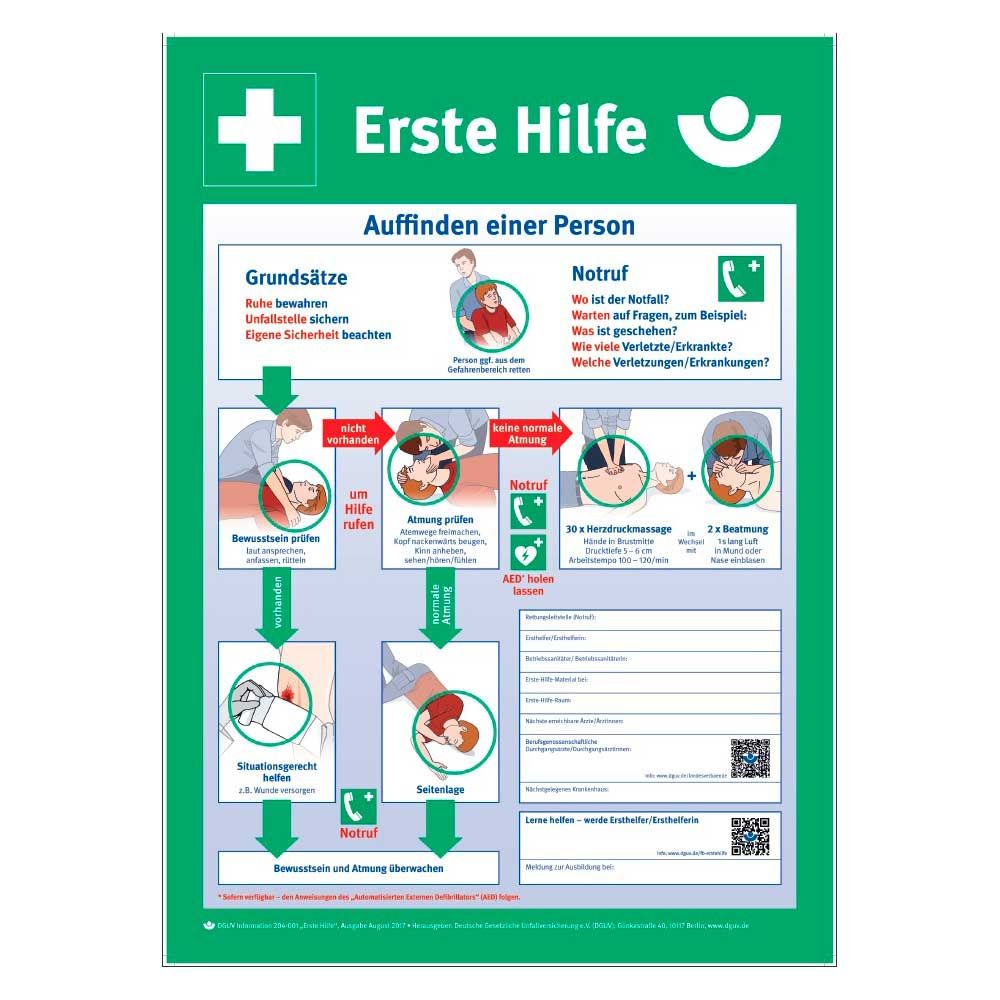 Erste-Hilfe-Anleitungstafel Unfall 56x40 cm, grün, mit weißem Kreuz und Infografik