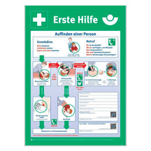 Erste-Hilfe-Anleitungstafel Unfall 56x40 cm, grün, mit weißem Kreuz und Infografik