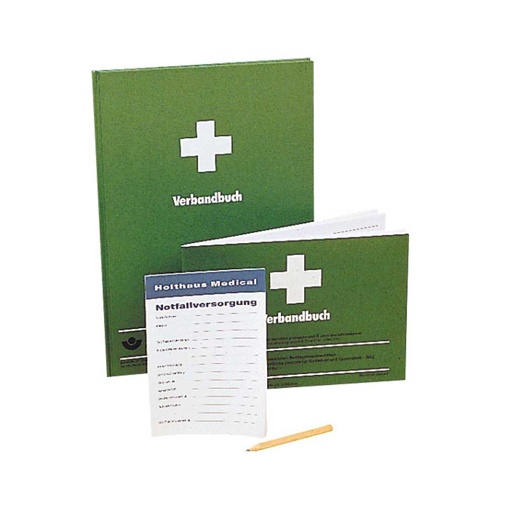 Medizinischer Meldeblock mit Stift, grüne Abdeckung mit Plus-Symbol und Verbandbuch-Aufdruck