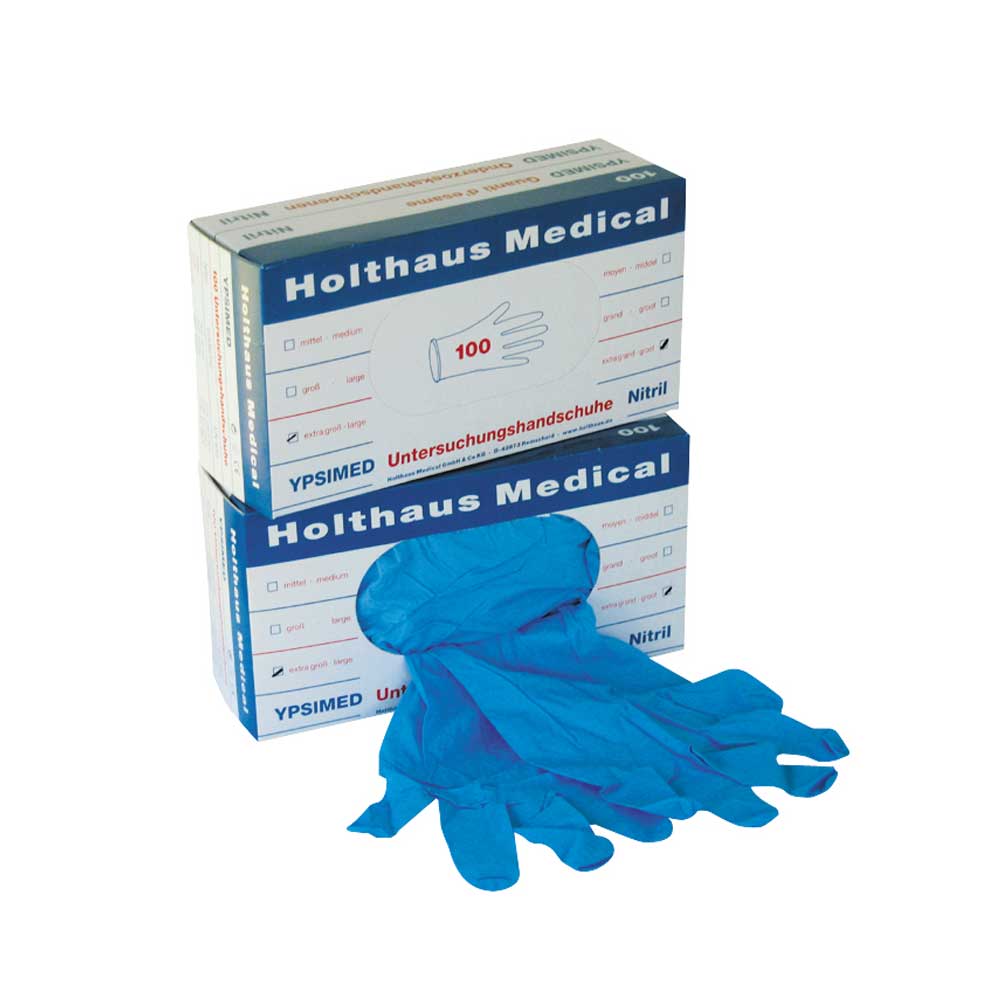 Puderfreie blaue Nitrilhandschuhe in Holthaus Medical Packung, 100 Stück