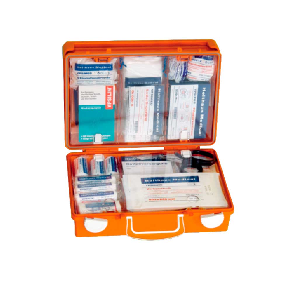 Erste-Hilfe-Koffer Holthaus Medical SAN, offen mit orangefarbenem Deckel und Zubehör