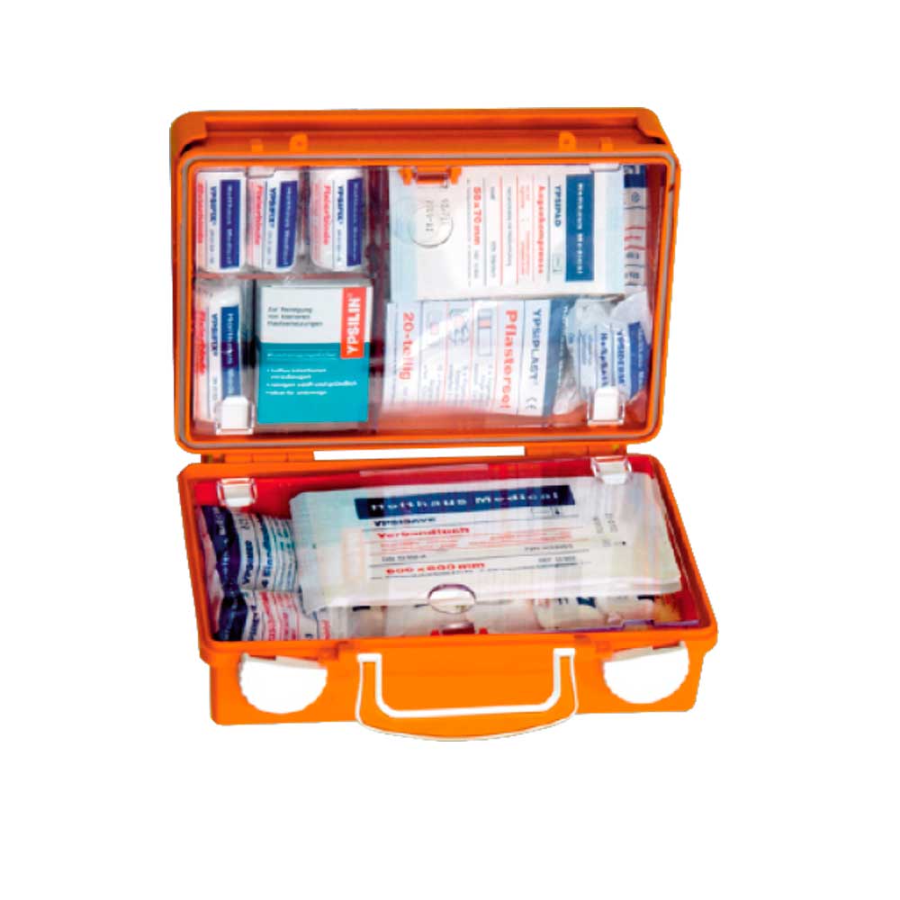 Geöffneter orangefarbener Erste-Hilfe-Koffer QUICK von Holthaus Medical, leer
