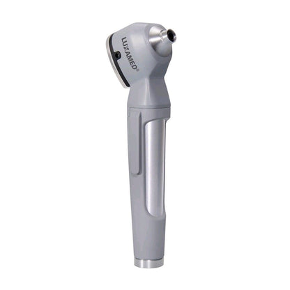 LED-Otoskop LuxaScope Auris, graues Gerät mit Aufsatz und Blicköffnung