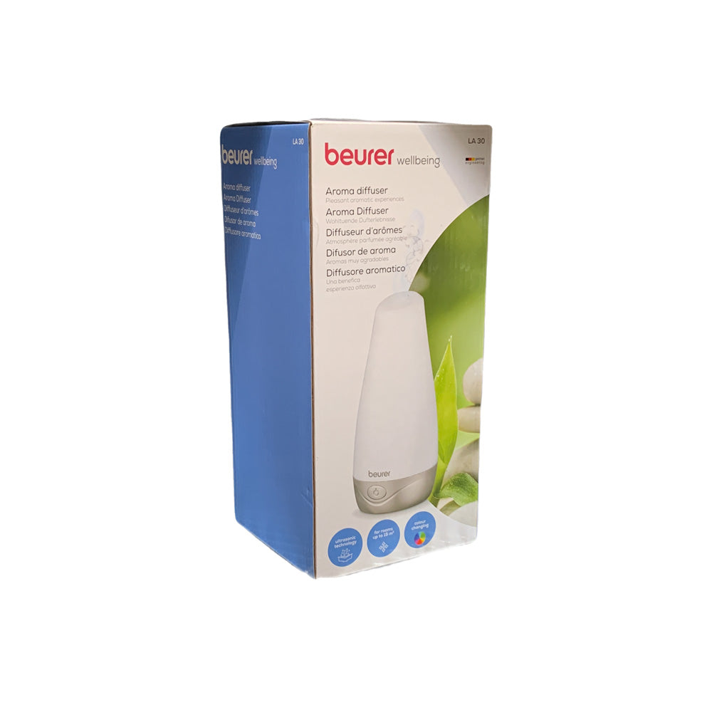 Verpackung des Aroma-Diffusers beurer LA 30, Karton mit weißem Gerätetyp