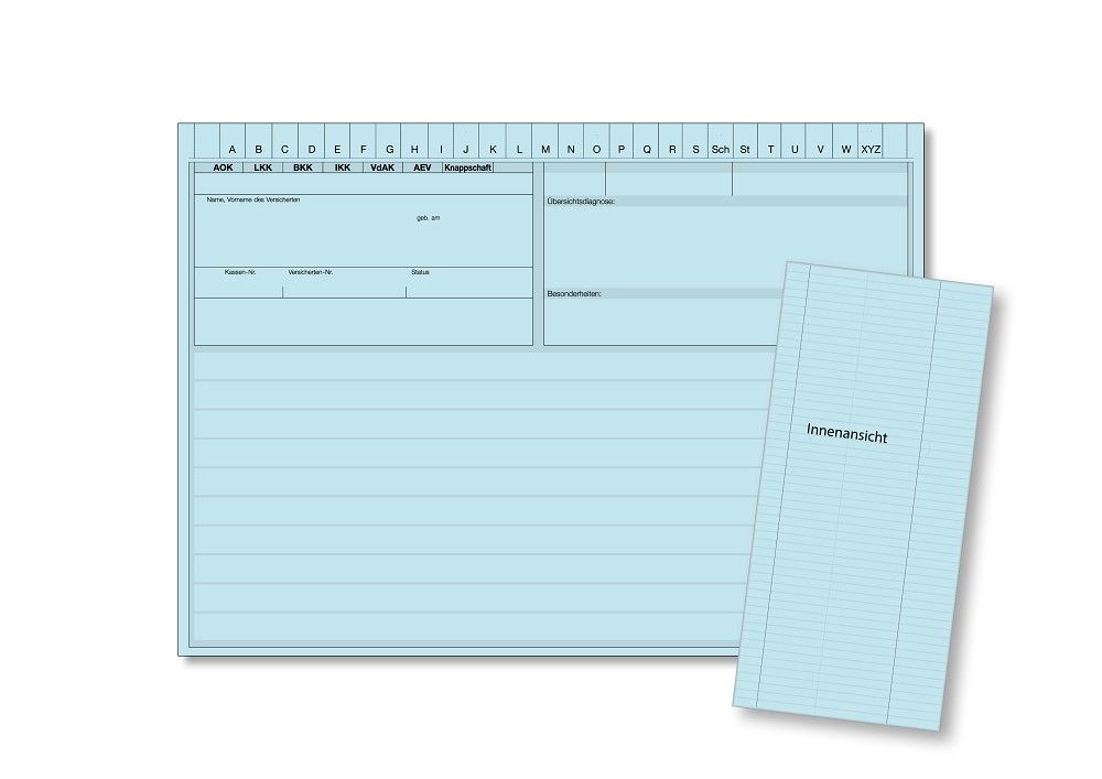 Blaue A5-Karteitasche mit vorgedrucktem Innenblatt und Registerleiste