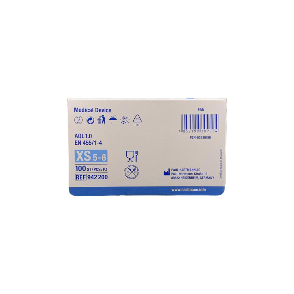 Nitril-Einmalhandschuhe puderfrei, Rückseite der Packung mit Größenangaben XS–6