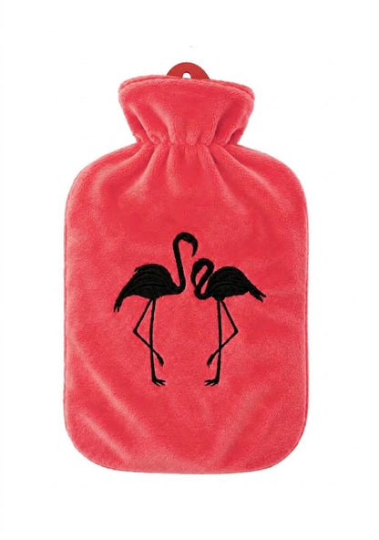Sänger 2,0-L-Wärmflasche, korallfarben mit Flauschbezug und Flamingo-Motiv