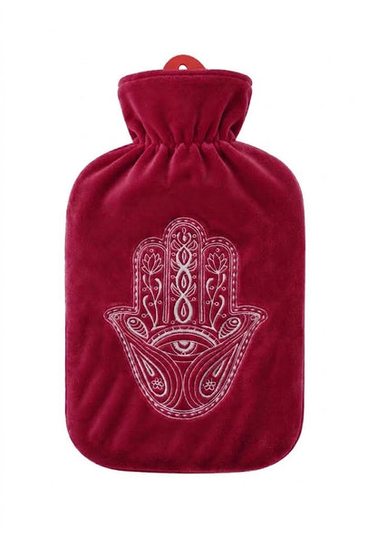 Sänger 2,0-L-Wärmflasche, weinrot mit Flauschbezug und Hamsa-Handmotiv