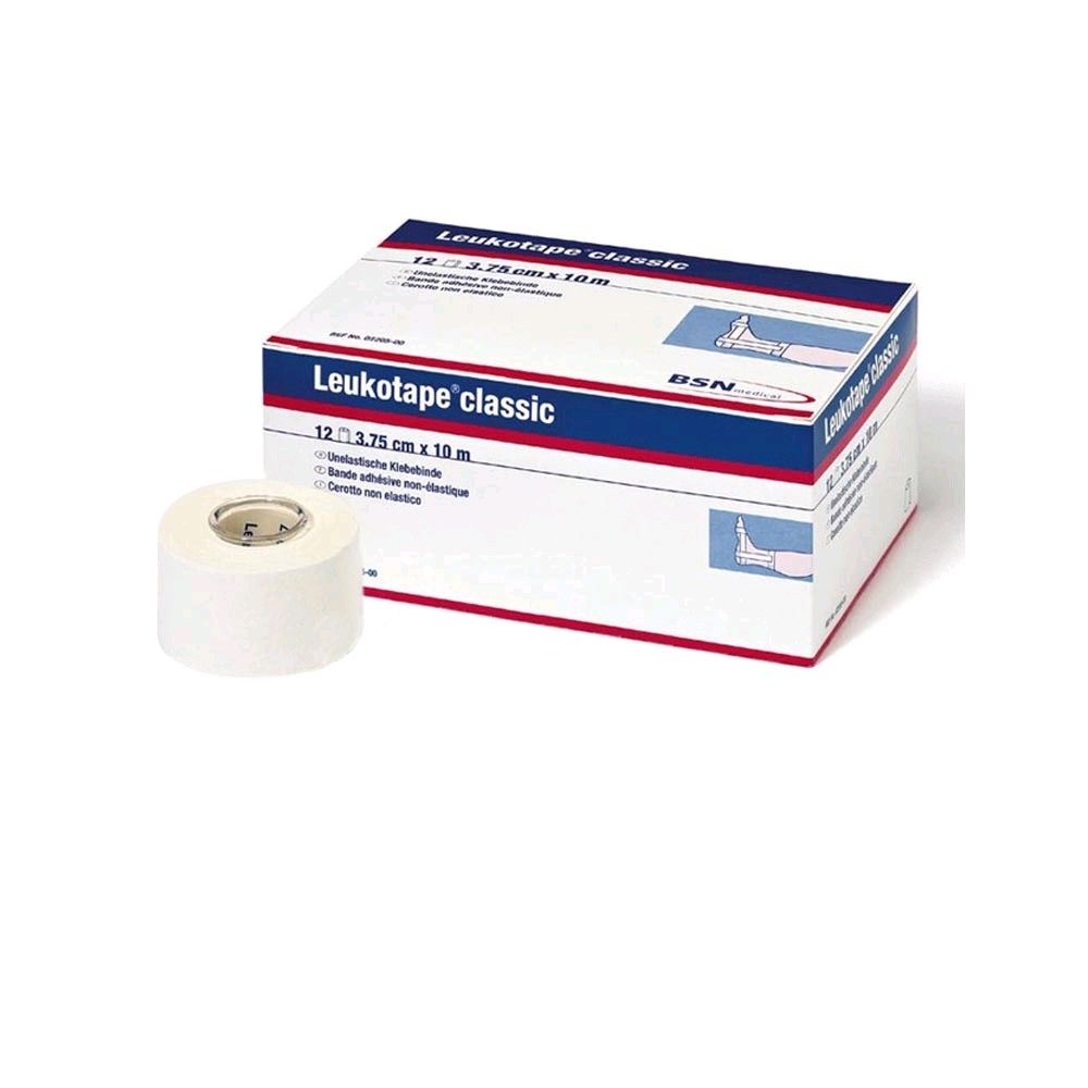 BSN Leukotape classic Tapeverband-Rolle, weiß, neben Verpackungskarton
