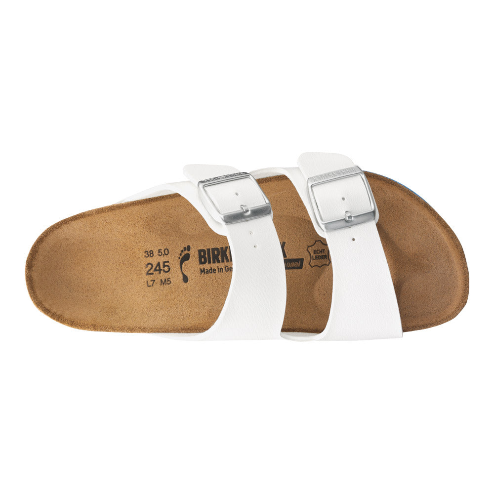 Weiße Birkenstock Arizona SL Sandale, Korkfußbett mit Größenangaben und zwei Schnallen