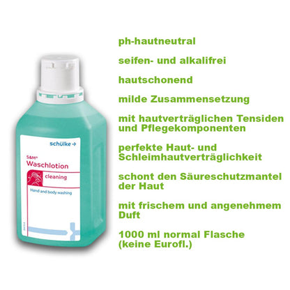 Schülke s-m® Waschlotion-Flasche türkisgrün mit Frontetikett und weißem Deckel